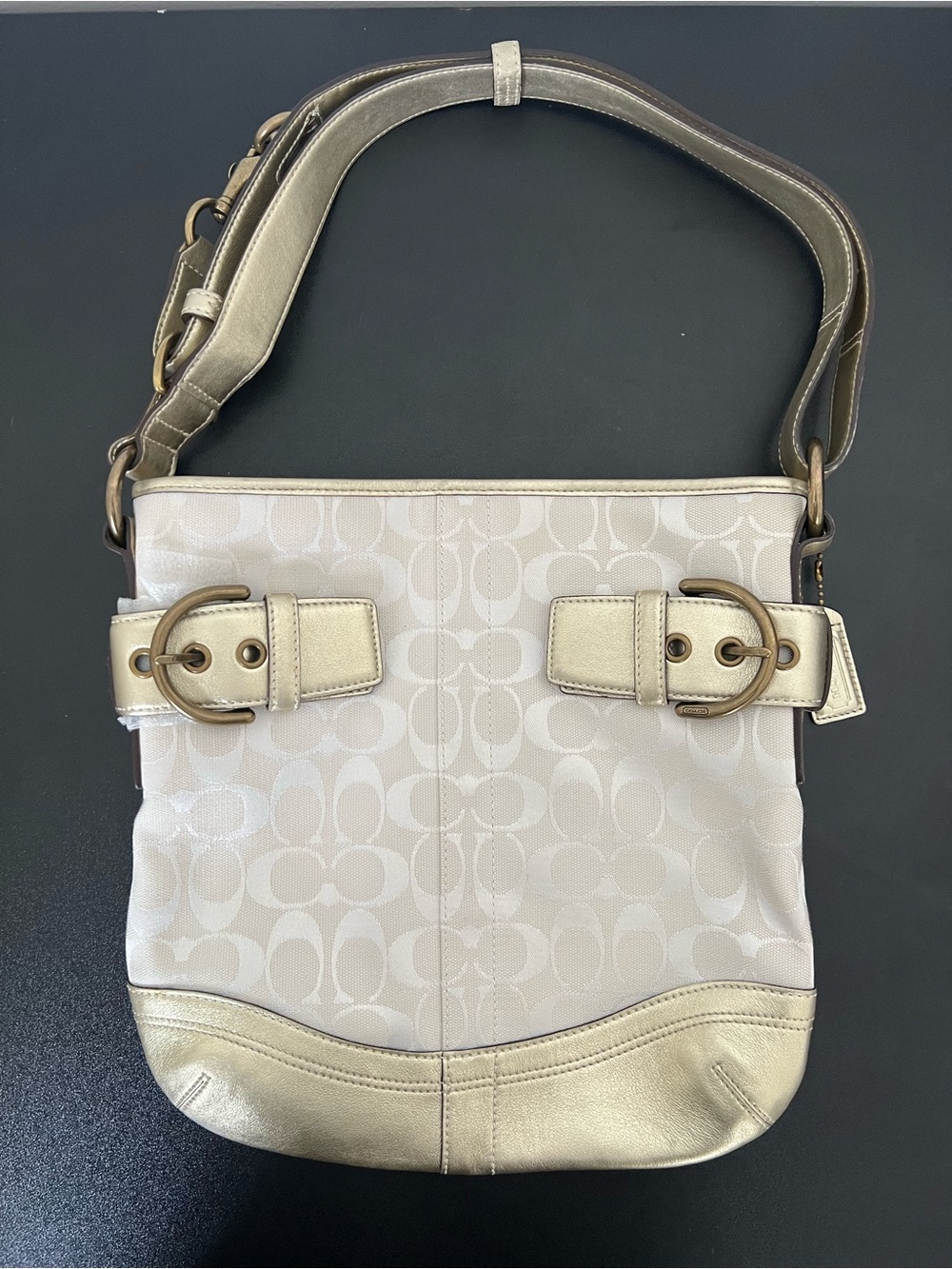 Coach Chalk Signature Shoulder Bag or can be converted Crossbody with Gold Trim